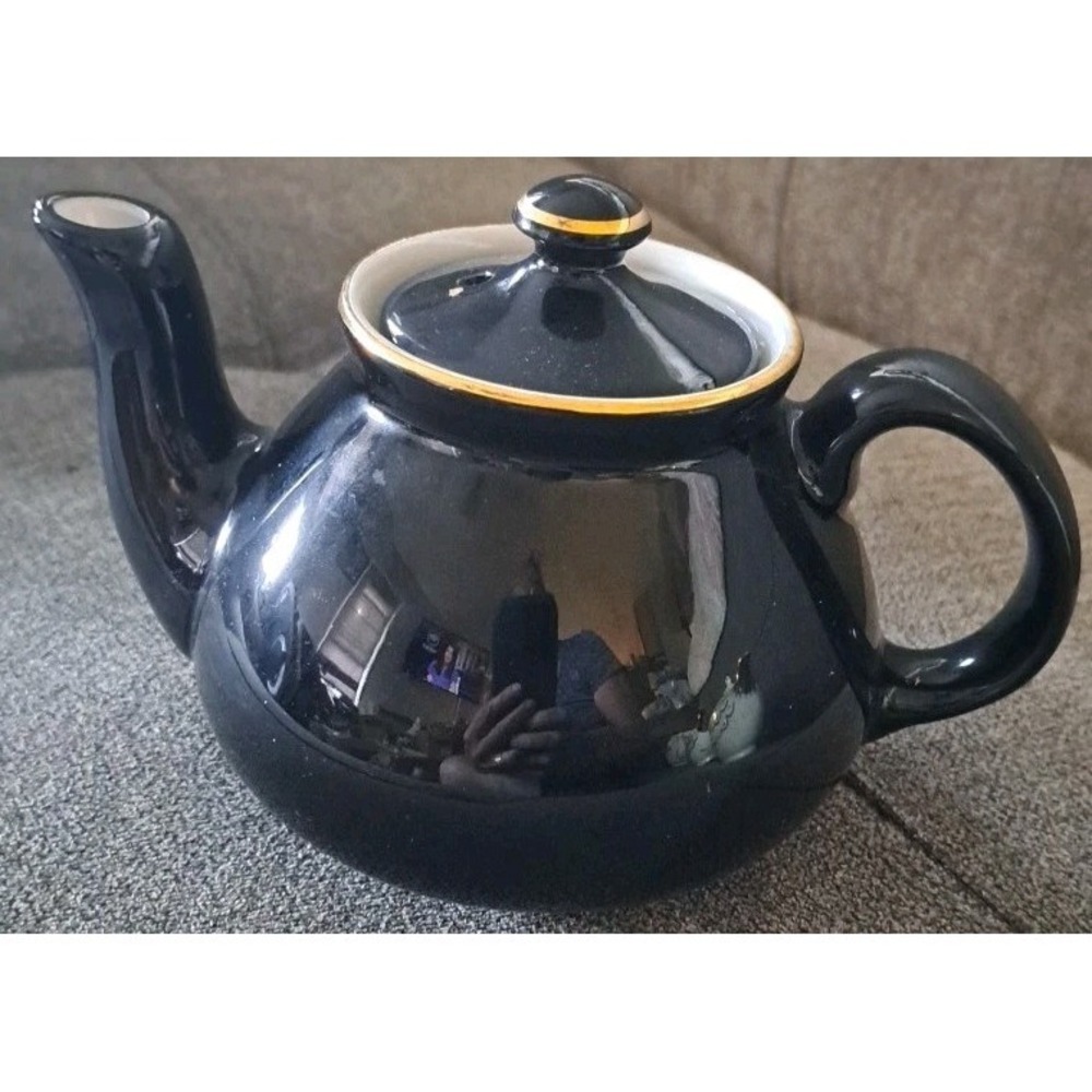 Vtg Hall China New York 2 Cup Teapot Deep‎ Navy Blue Gold Trim Made USA